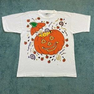 VINTAGE Halloween Jack O Lantern 1995 Shirt Adult One Size Pumpkin Art Puffy